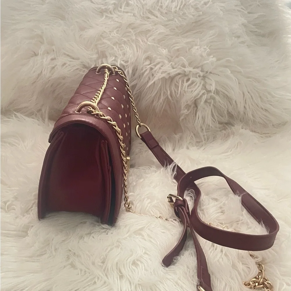 Badgley Mischka Quilted Shoulder Bag Burgundy with Gold Studs